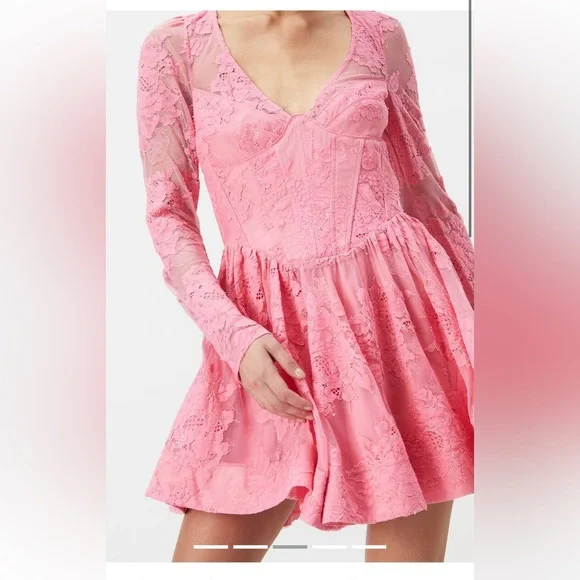 NWT Bardot Ellie Lace Corset Dress Hot Pink Bloom XL Mini Skirt Long Sleeve - Picture 2 of 10